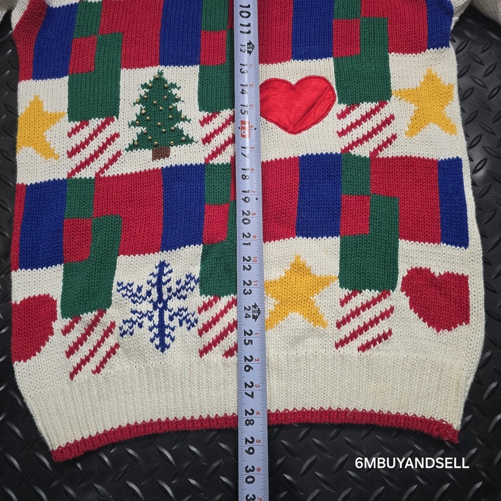 Capistrano Vintage Christmas Sweater Womens 14 Patchwork Tree Star Heart Knit - Picture 7 of 10